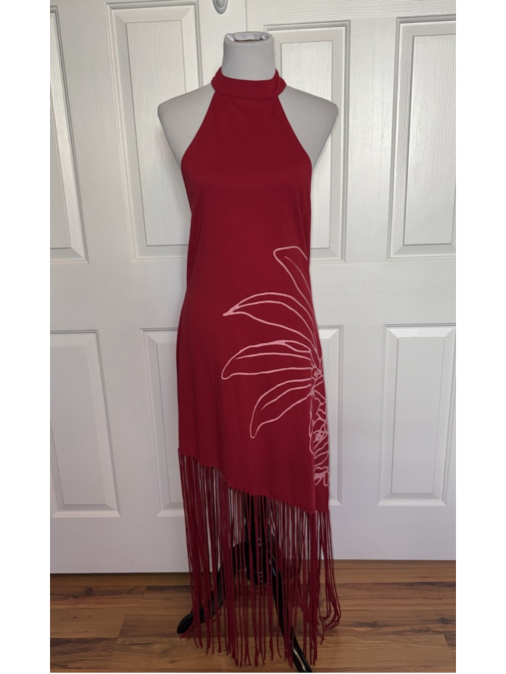 Farm Rio x Anthropologie Cotton Fringe Maxi Halter Dress M Floral Resort Red